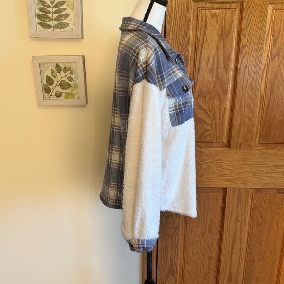 New SHEIN Women's Plaid Fleece Sherpa Jacket Blue Button-Up Size L Casual - Picture 5 of 8